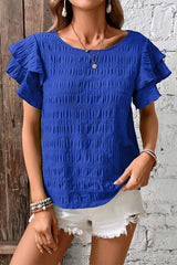 Round Neck Ruffle Sleeve Blouse - Trendsi - Flyclothing LLC