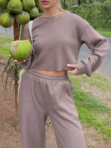 Waffle-Knit Round Neck Top and Pants Set - Trendsi - Flyclothing LLC