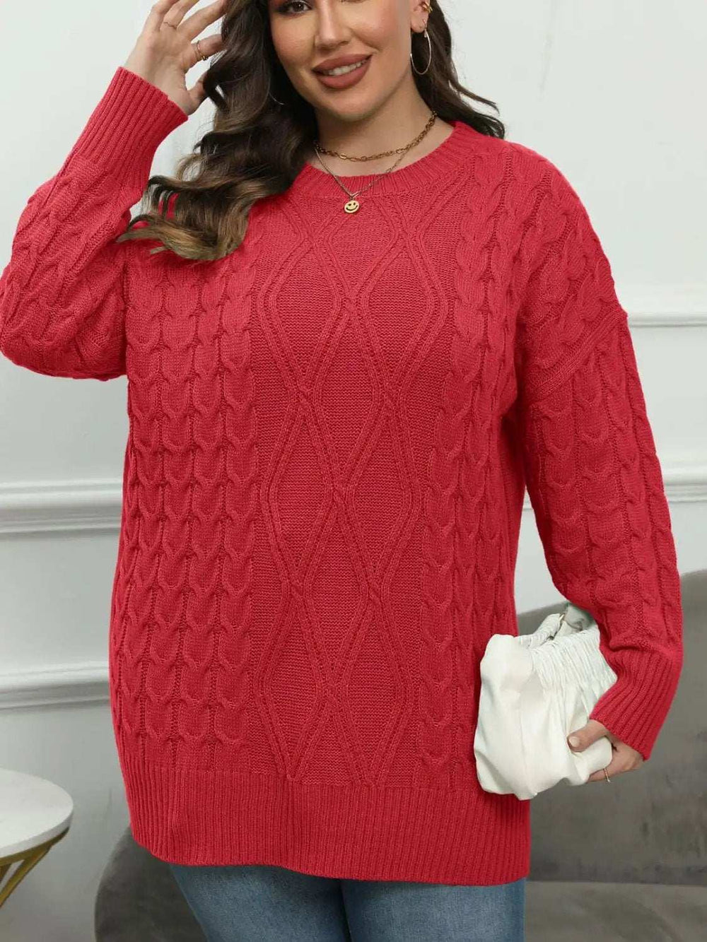 Plus Size Round Neck Long Sleeve Sweater - Trendsi - Flyclothing LLC