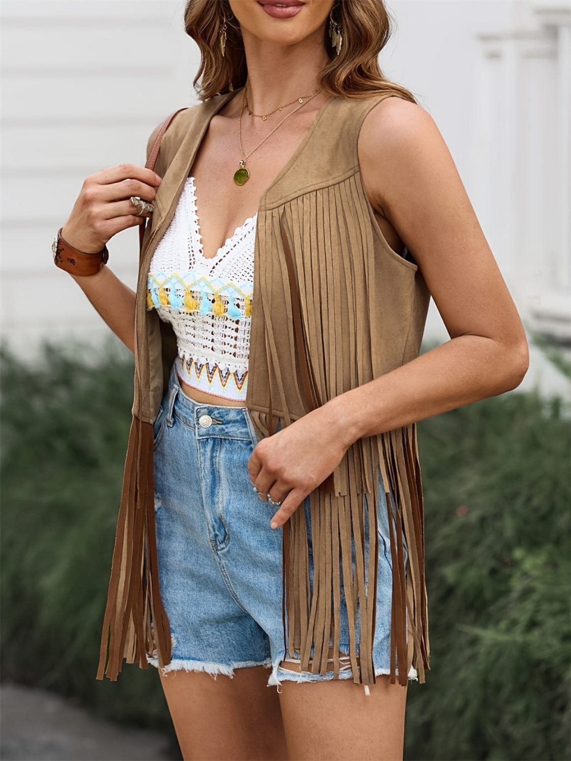 Fringe Open Front Vest Coat - Trendsi