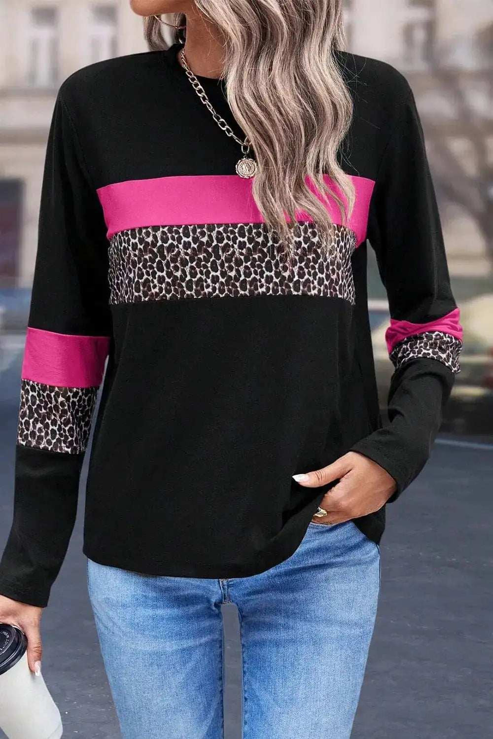Leopard Round Neck Long Sleeve Blouse - Trendsi - Flyclothing LLC