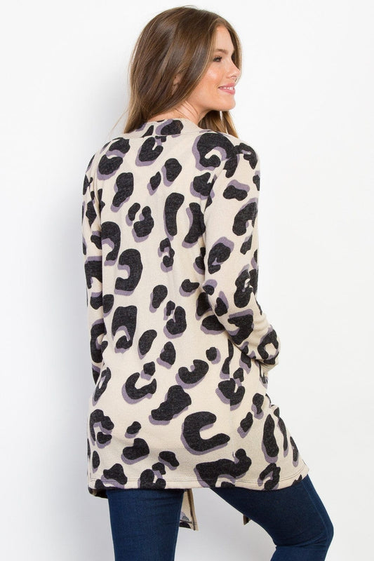 Be Stage Printed Open Front Knit Cardigan with Pockets - Trendsi