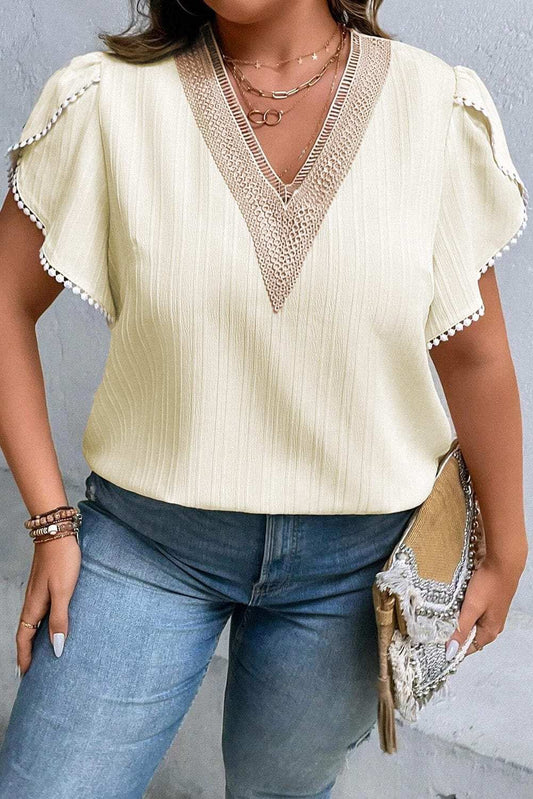 Plus Size V-Neck Petal Sleeve Blouse - Trendsi - Flyclothing LLC