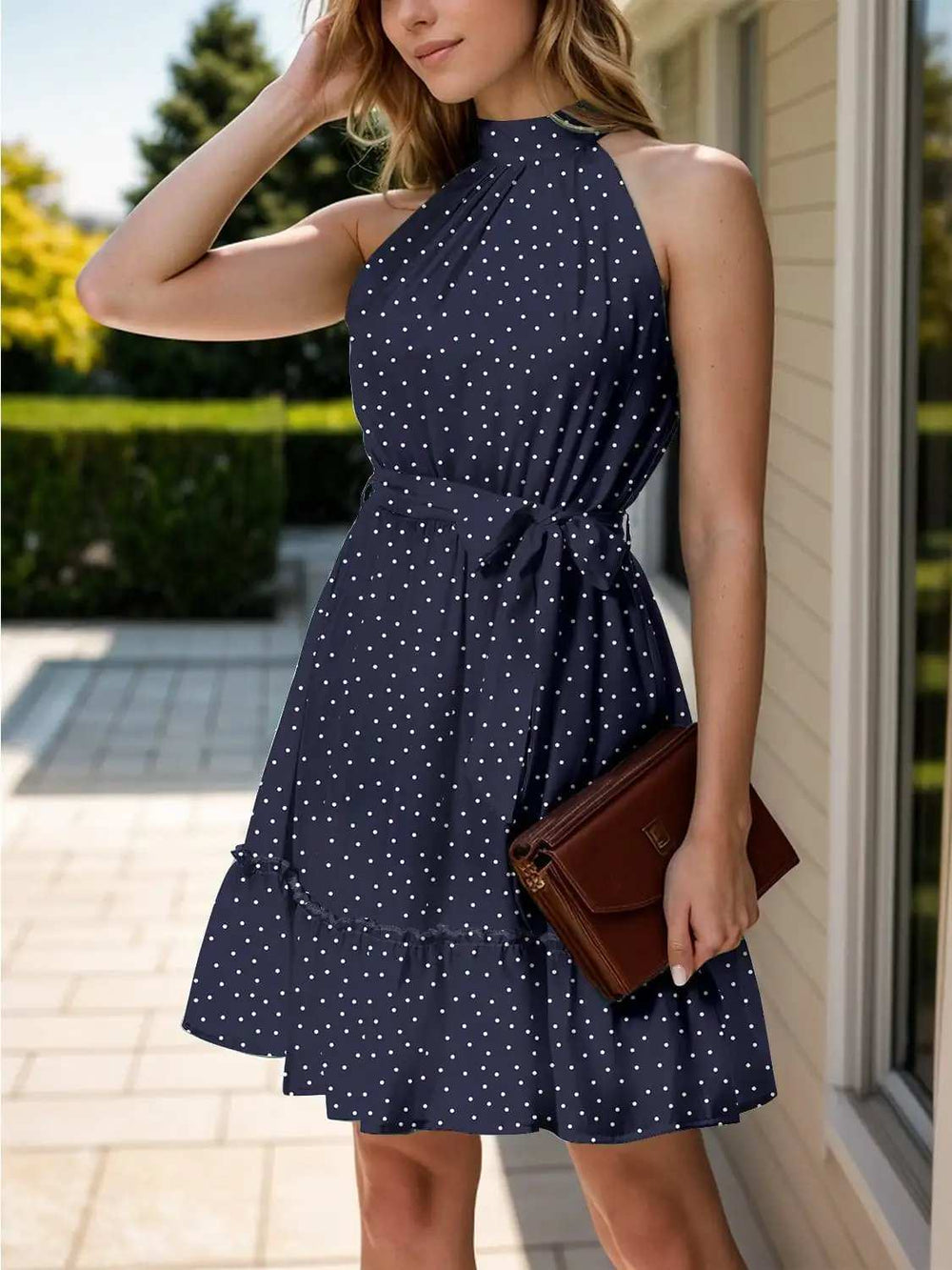 Tied Polka Dot Grecian Sleeveless Dress - Trendsi - Flyclothing LLC