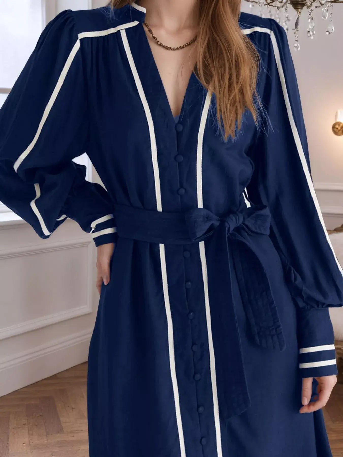 Notched Lantern Sleeve Dress - Trendsi - Flyclothing LLC