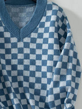 Checkered V-Neck Dropped Shoulder Sweater - Trendsi - Flyclothing LLC