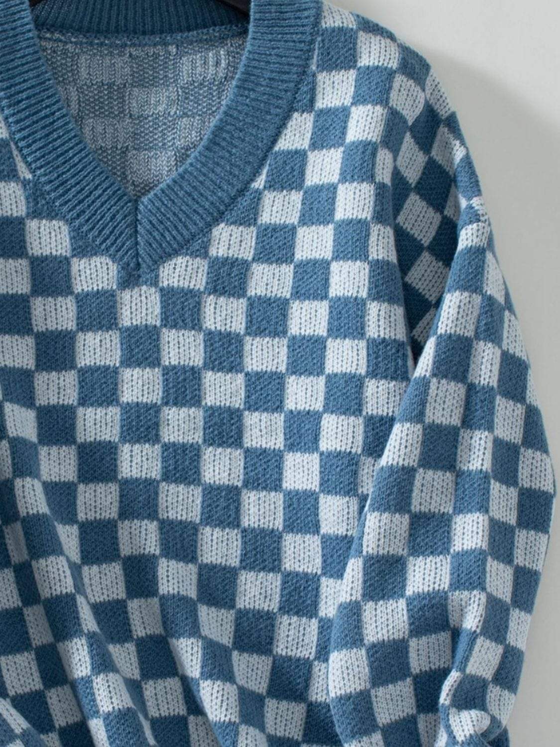 Checkered V-Neck Dropped Shoulder Sweater - Trendsi - Flyclothing LLC