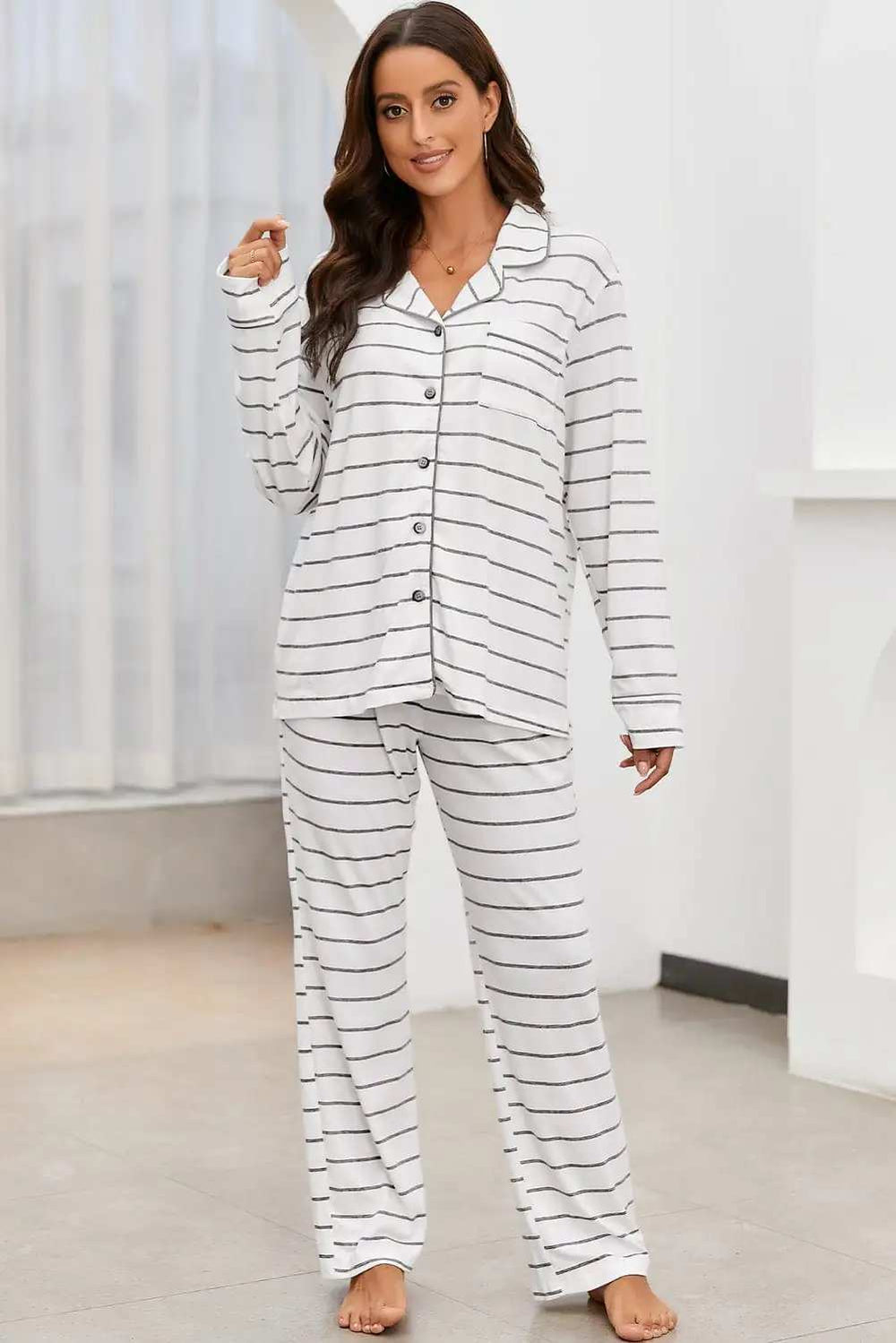 Striped V-Neck Long Sleeve Top and Pants Lounge Set - Trendsi - Flyclothing LLC