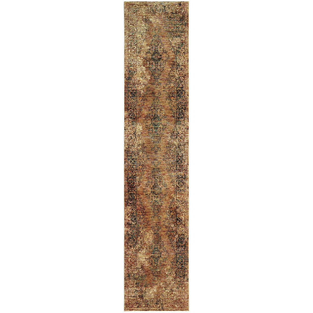 12' Runner Gold and Brown Oriental Power Loom Runner Rug - Homeroots - Flyclothing LLC