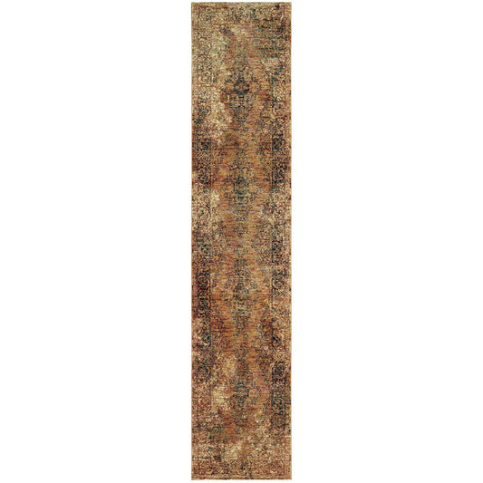 12' Runner Gold and Brown Oriental Power Loom Runner Rug - Homeroots - Flyclothing LLC
