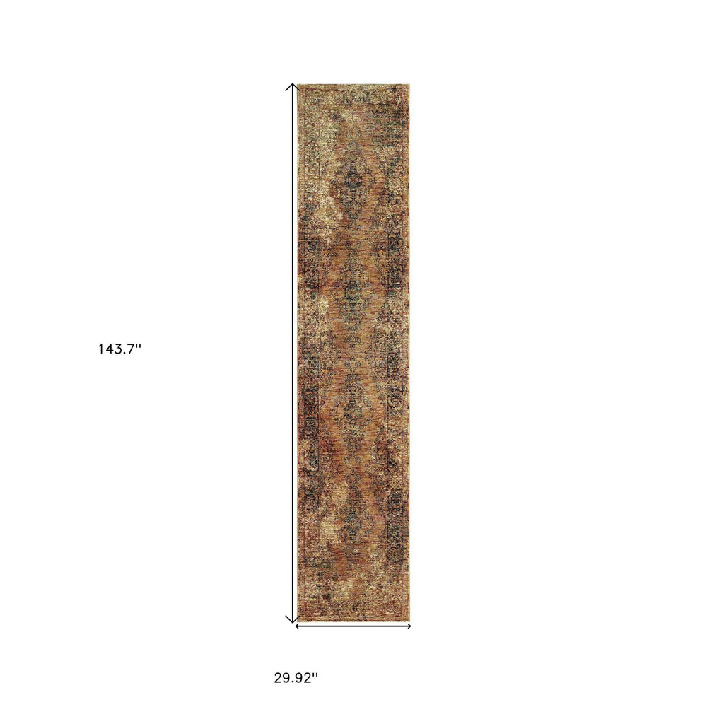 12' Runner Gold and Brown Oriental Power Loom Runner Rug - Homeroots - Flyclothing LLC