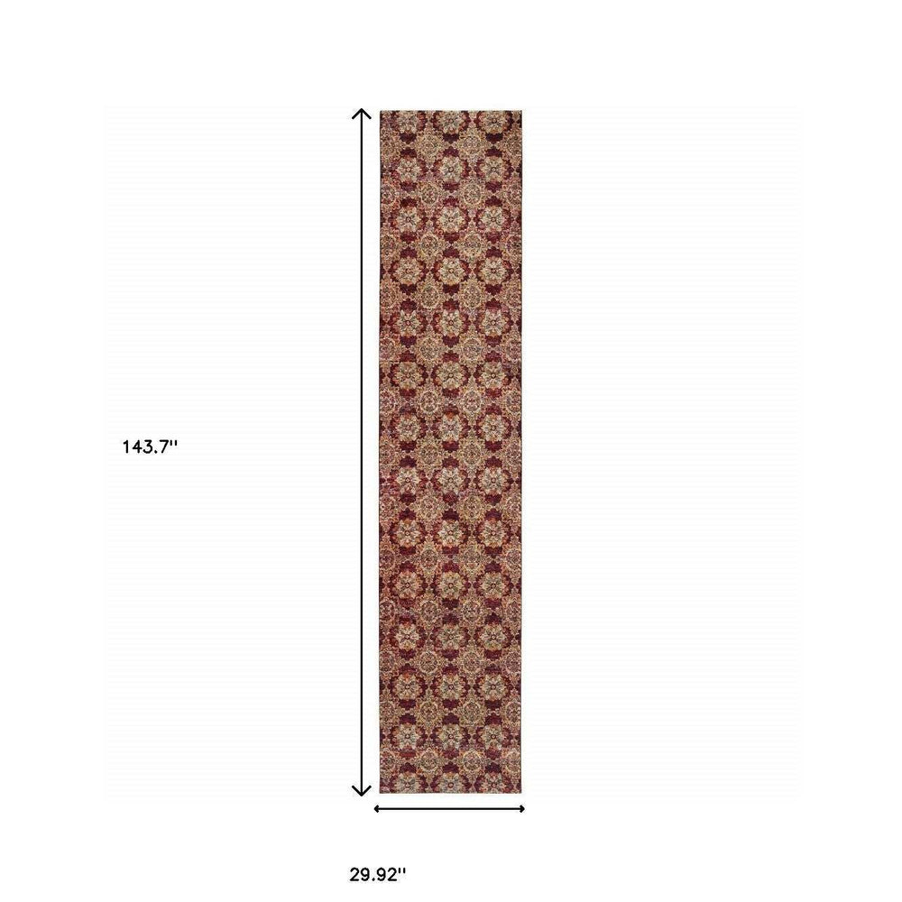 12' Runner Red and Gold Oriental Power Loom Runner Rug - Homeroots - Flyclothing LLC