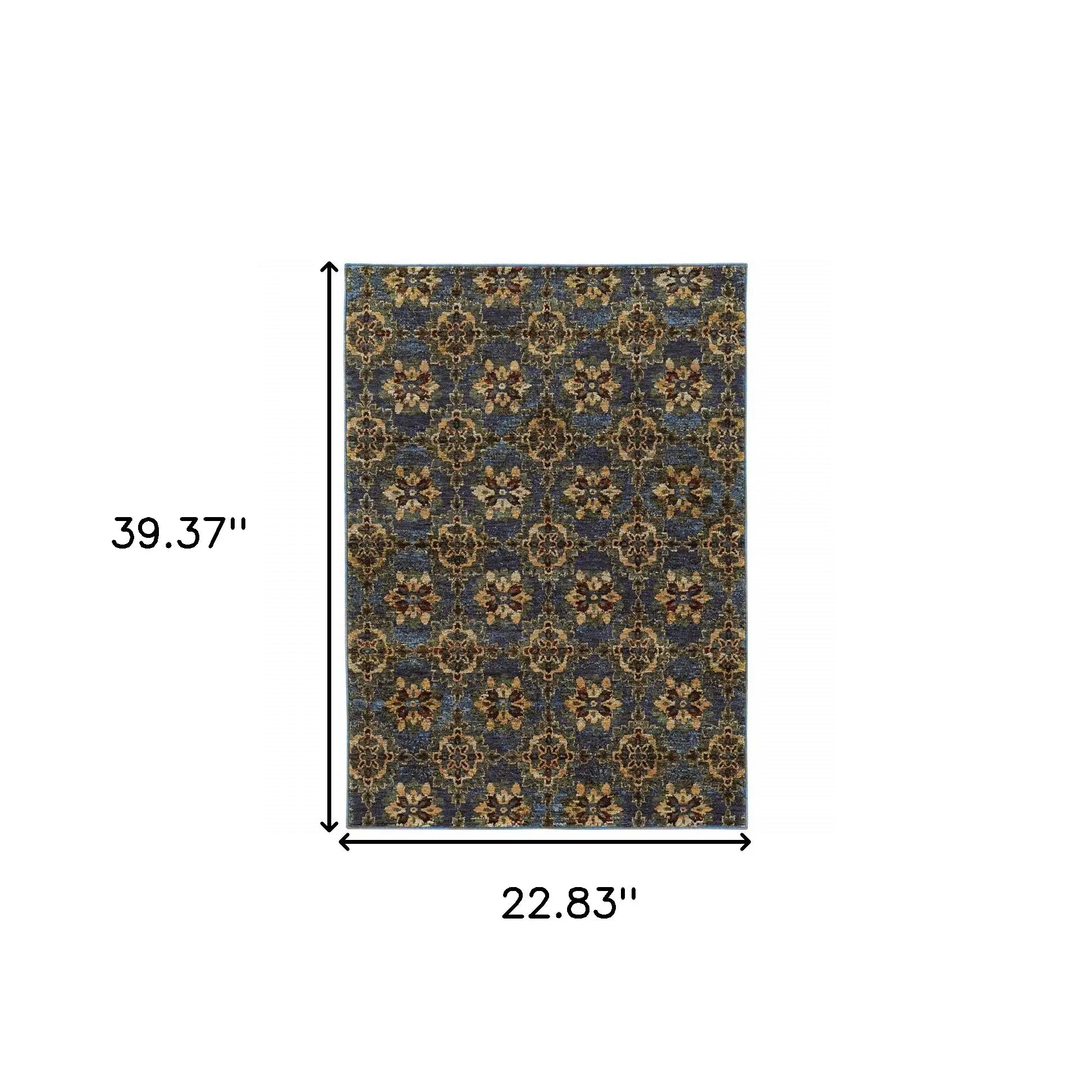 2' X 3' Blue and Gold Oriental Power Loom Area Rug - Homeroots - Flyclothing LLC