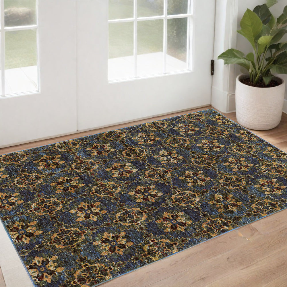 2' X 3' Blue and Gold Oriental Power Loom Area Rug - Homeroots