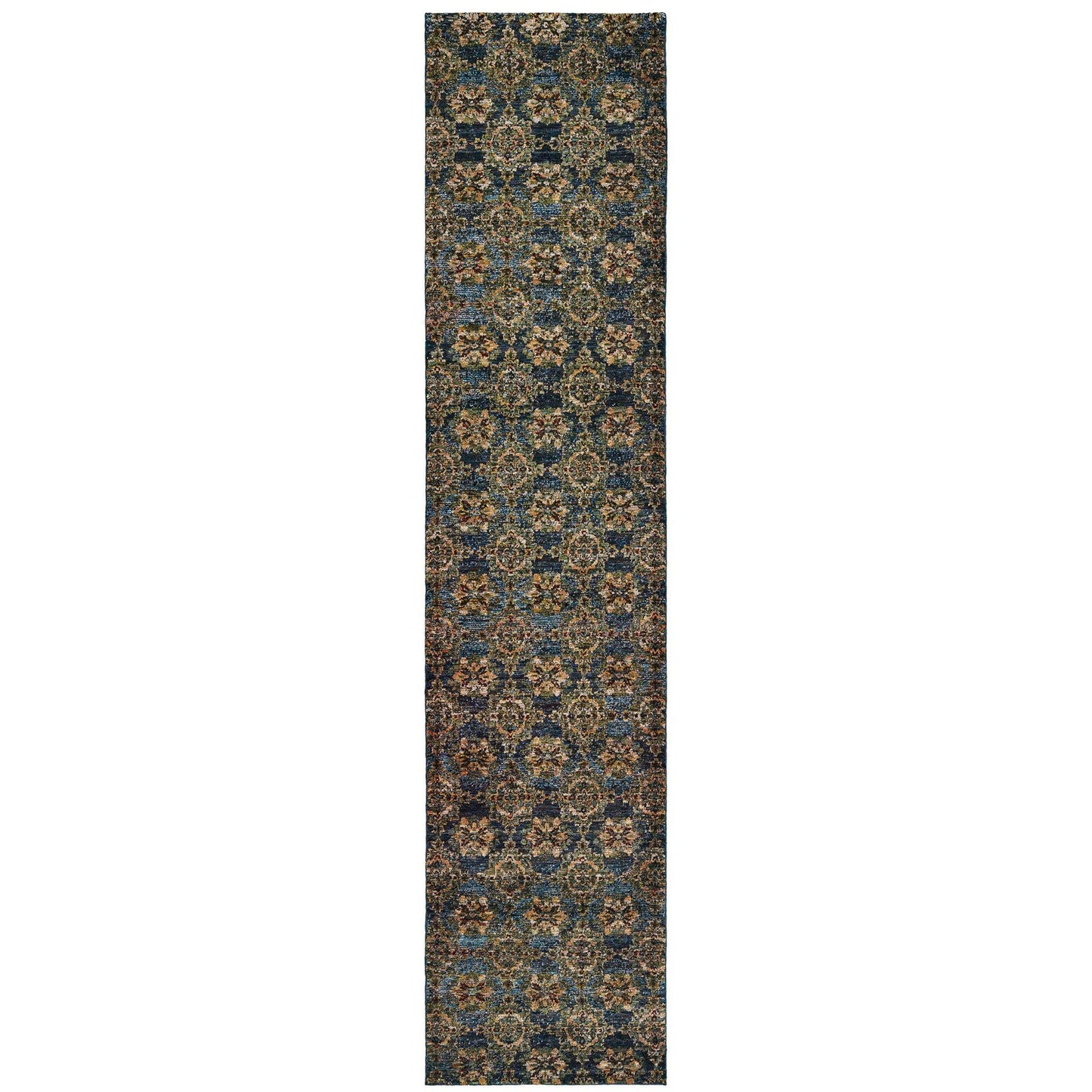12' Runner Blue and Gold Oriental Power Loom Runner Rug - Homeroots - Flyclothing LLC