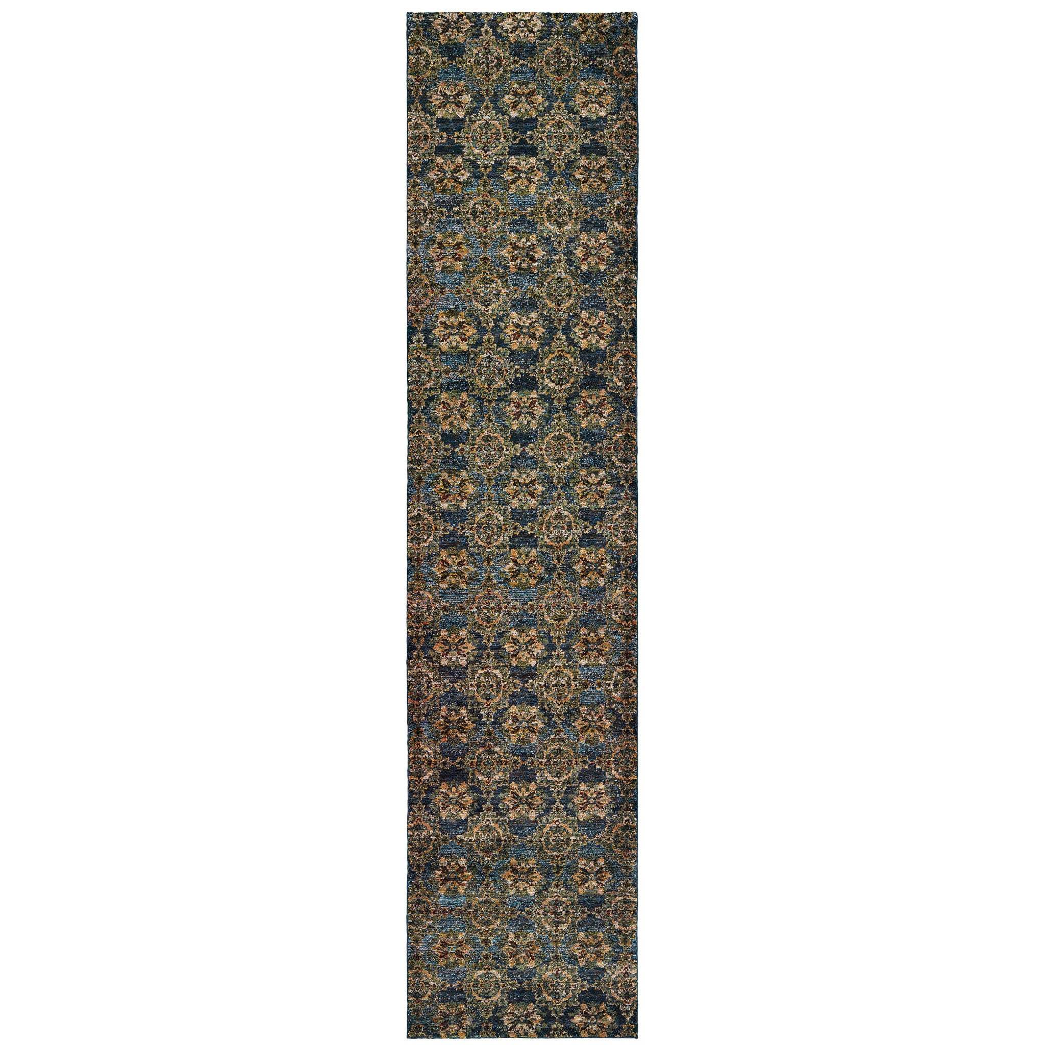 12' Runner Blue and Gold Oriental Power Loom Runner Rug - Homeroots - Flyclothing LLC