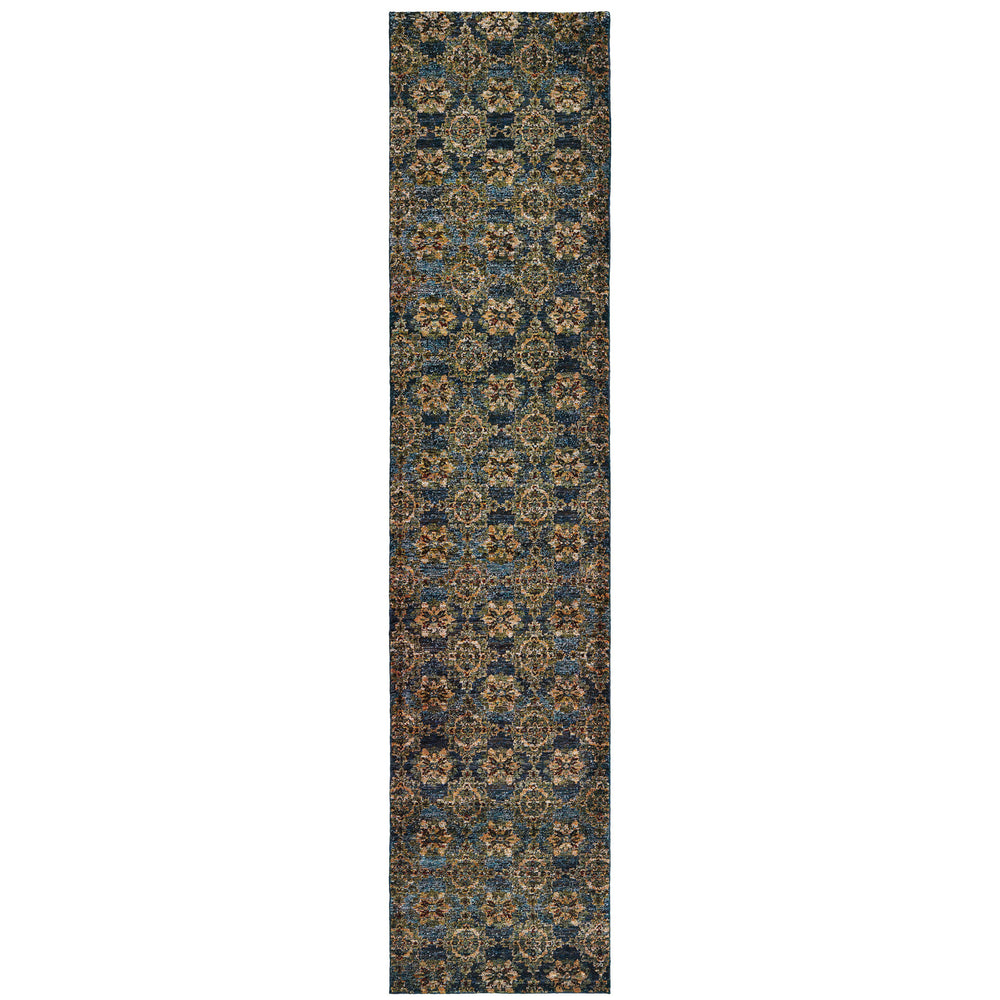 12' Runner Blue and Gold Oriental Power Loom Runner Rug