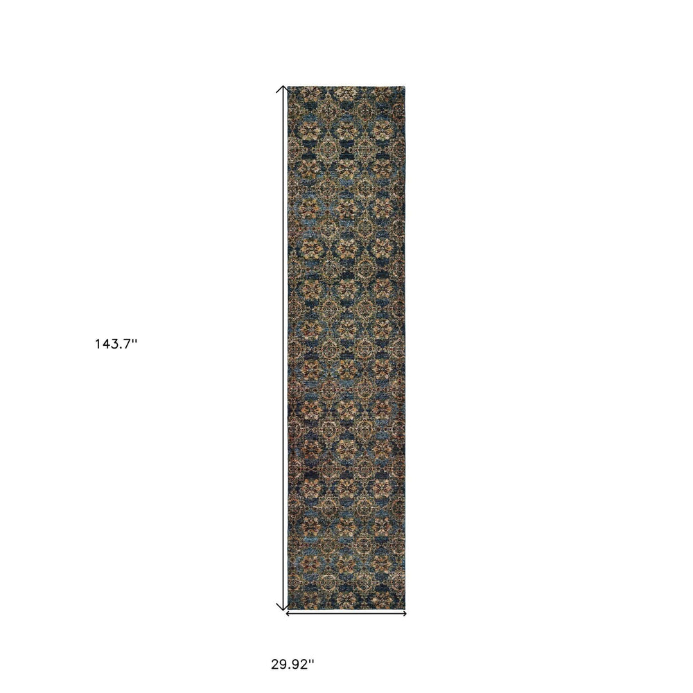 12' Runner Blue and Gold Oriental Power Loom Runner Rug - Homeroots - Flyclothing LLC
