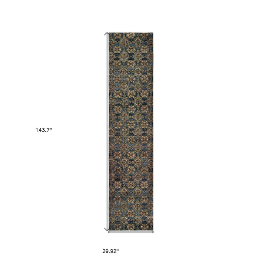 12' Runner Blue and Gold Oriental Power Loom Runner Rug - Homeroots - Flyclothing LLC