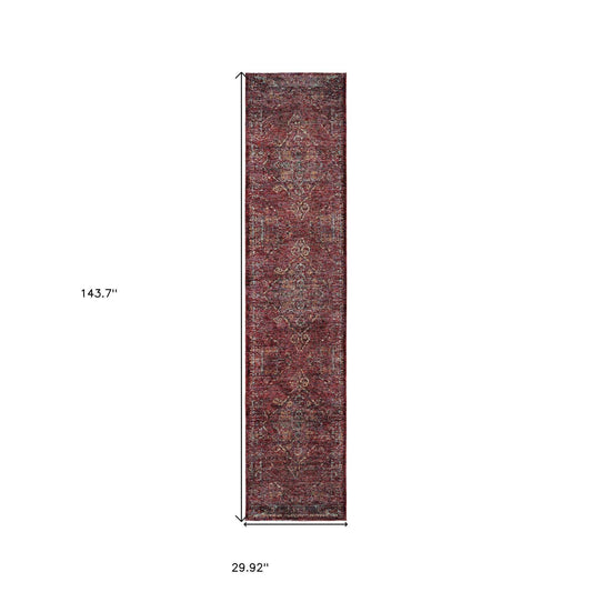 12' Runner Red and Gold Oriental Power Loom Runner Rug - Homeroots - Flyclothing LLC
