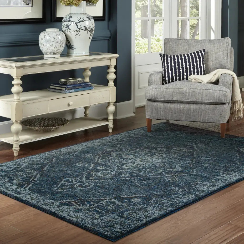10' X 13' Blue and Ivory Oriental Power Loom Area Rug - Homeroots - Flyclothing LLC