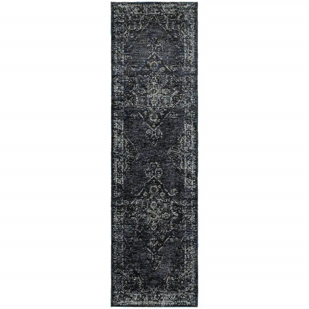 8' Runner Blue and Ivory Oriental Power Loom Runner Rug - Homeroots - Flyclothing LLC