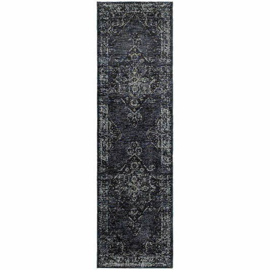8' Runner Blue and Ivory Oriental Power Loom Runner Rug - Homeroots - Flyclothing LLC