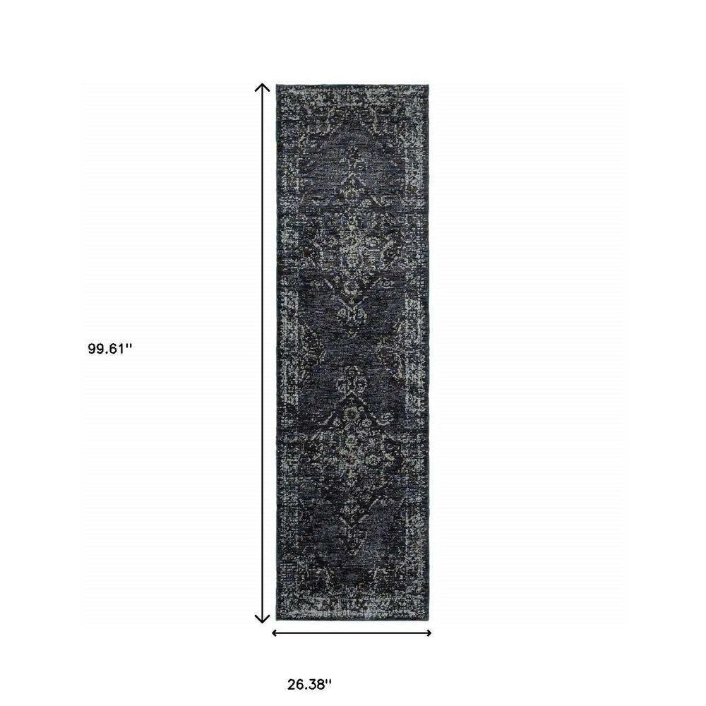 8' Runner Blue and Ivory Oriental Power Loom Runner Rug - Homeroots - Flyclothing LLC