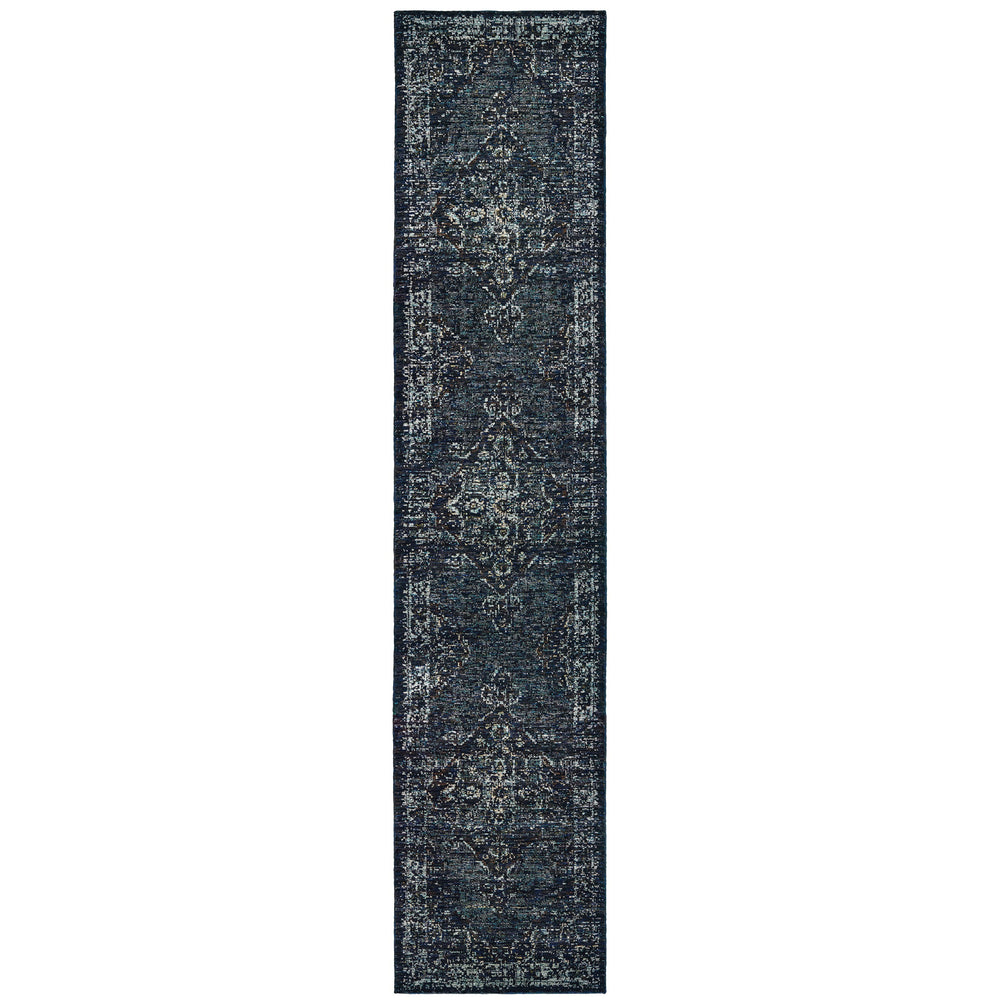 12' Runner Blue and Brown Oriental Power Loom Runner Rug - Homeroots