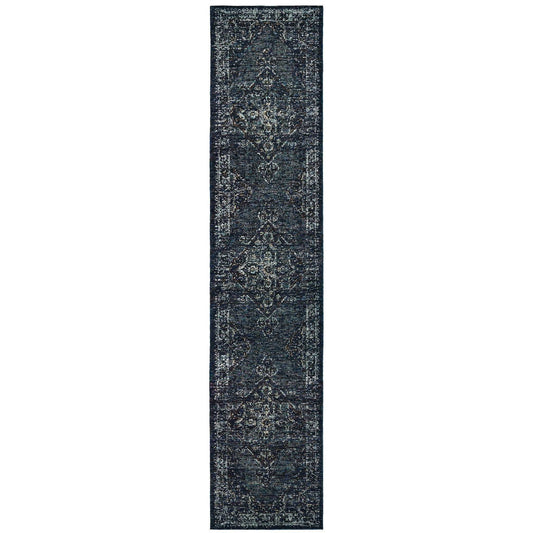 12' Runner Blue and Brown Oriental Power Loom Runner Rug - Homeroots - Flyclothing LLC