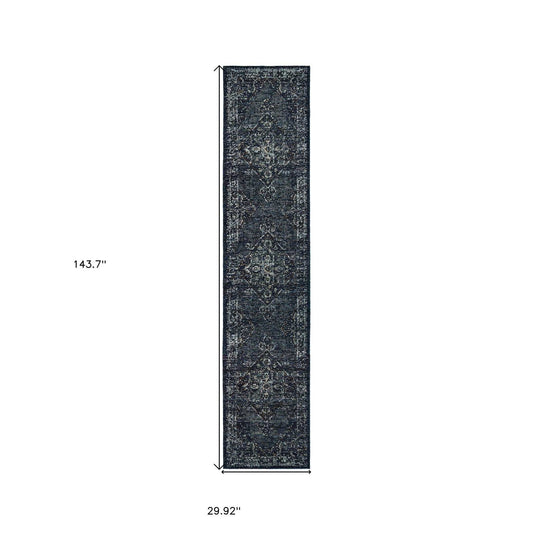 12' Runner Blue and Brown Oriental Power Loom Runner Rug - Homeroots - Flyclothing LLC