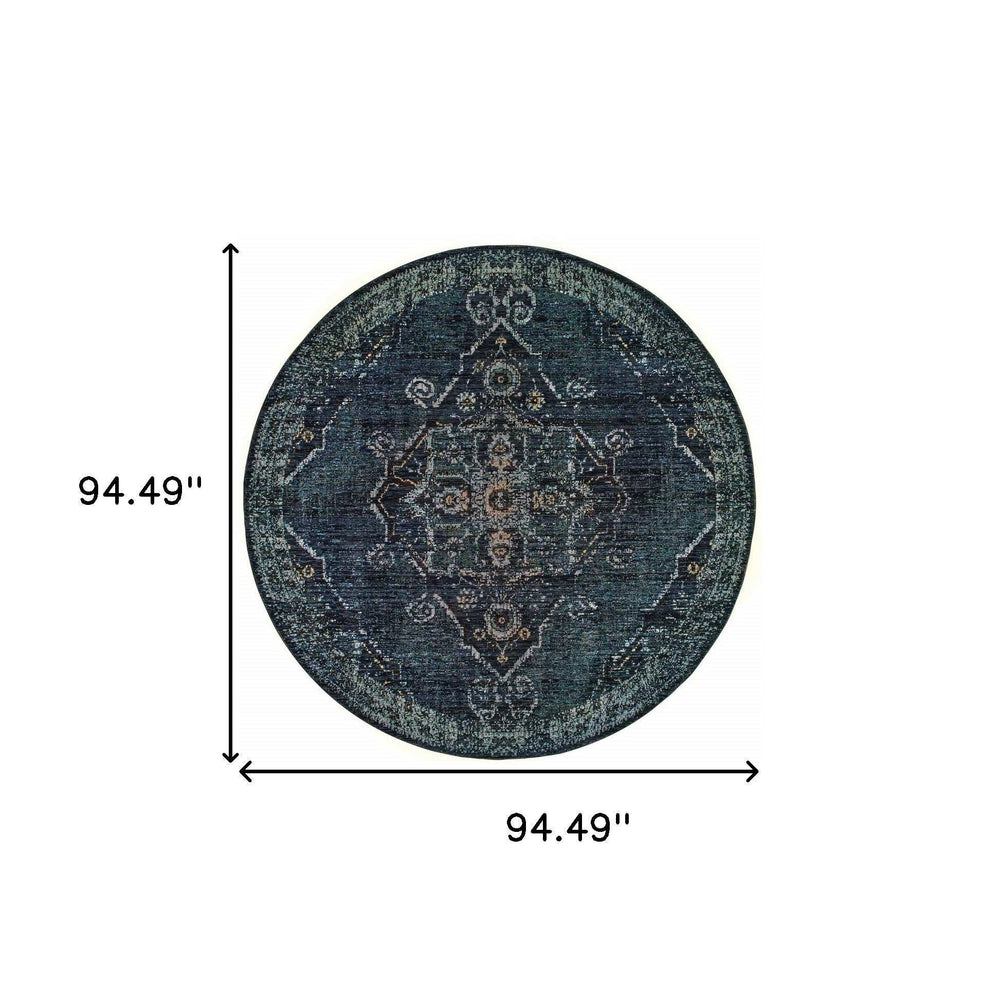 8' Blue and Black Round Oriental Power Loom Area Rug - Homeroots - Flyclothing LLC