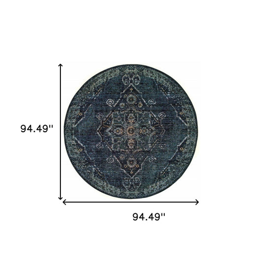 8' Blue and Black Round Oriental Power Loom Area Rug - Homeroots - Flyclothing LLC