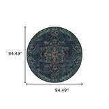 8' Blue and Black Round Oriental Power Loom Area Rug - Homeroots