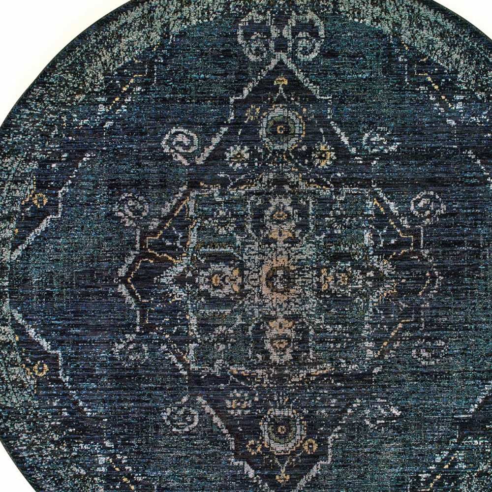 8' Blue and Black Round Oriental Power Loom Area Rug - Homeroots - Flyclothing LLC