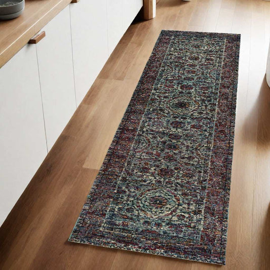 8' Runner Blue and Purple Oriental Power Loom Runner Rug - Homeroots - Flyclothing LLC
