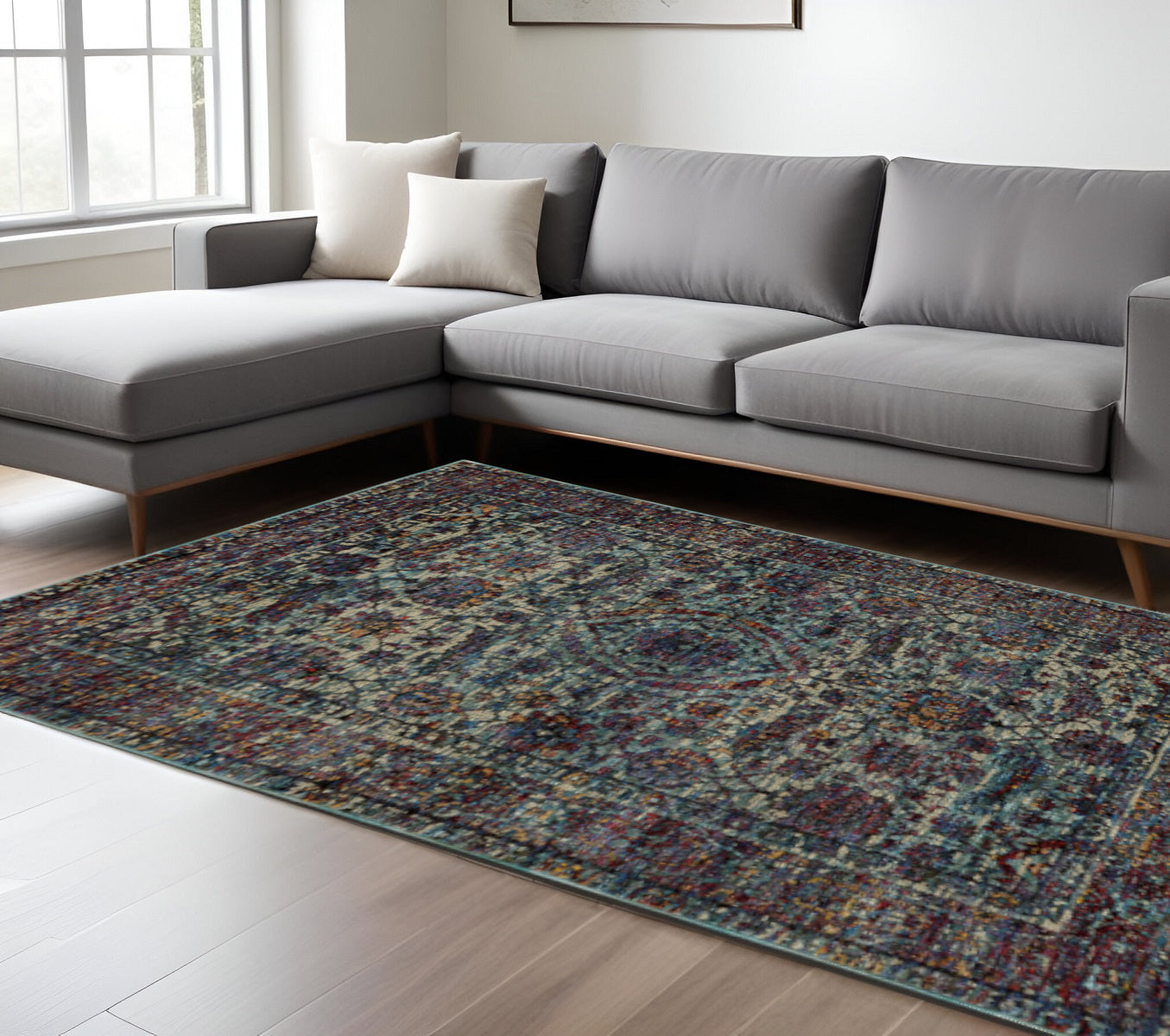 7' X 10' Blue and Purple Oriental Power Loom Area Rug