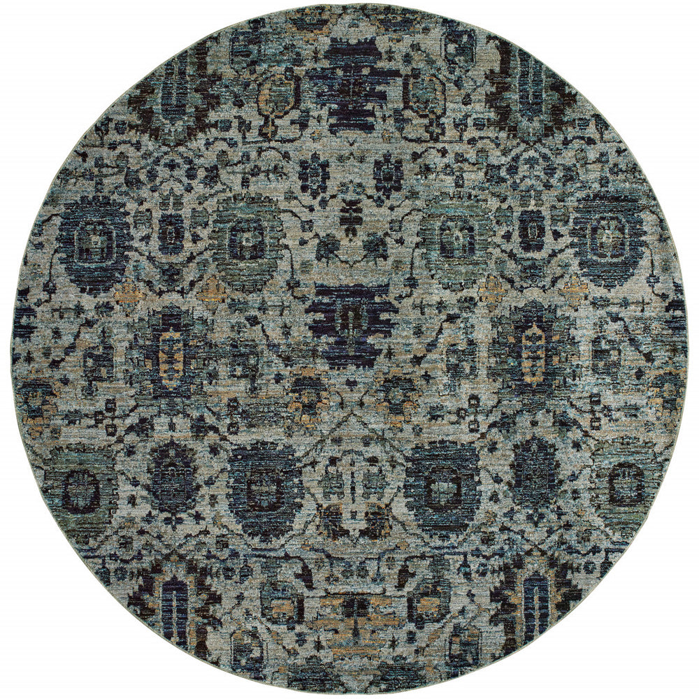 8' Blue Green Round Oriental Power Loom Area Rug - Homeroots