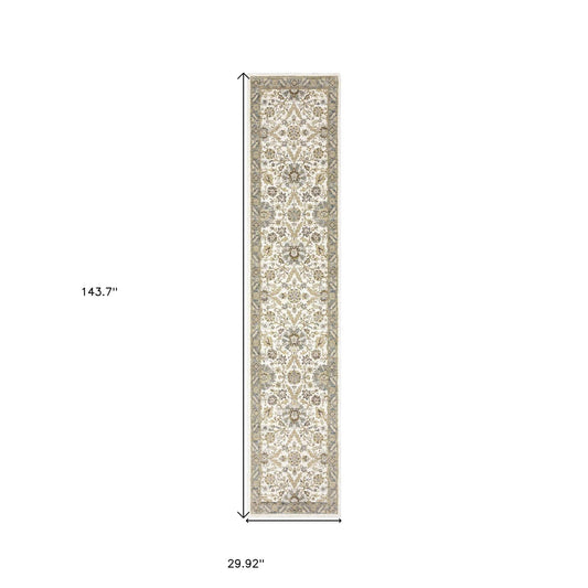 12' Runner Gray and Ivory Oriental Power Loom Runner Rug - Homeroots - Flyclothing LLC