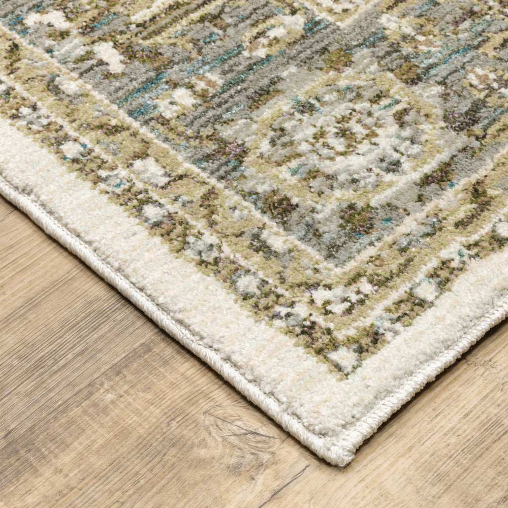 12' Runner Ivory Grey and Blue Oriental Power Loom Runner Rug - Homeroots - Flyclothing LLC