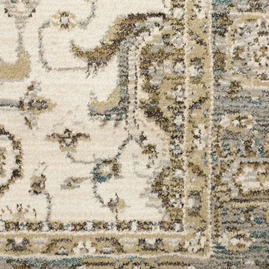 12' Runner Ivory Grey and Blue Oriental Power Loom Runner Rug - Homeroots - Flyclothing LLC