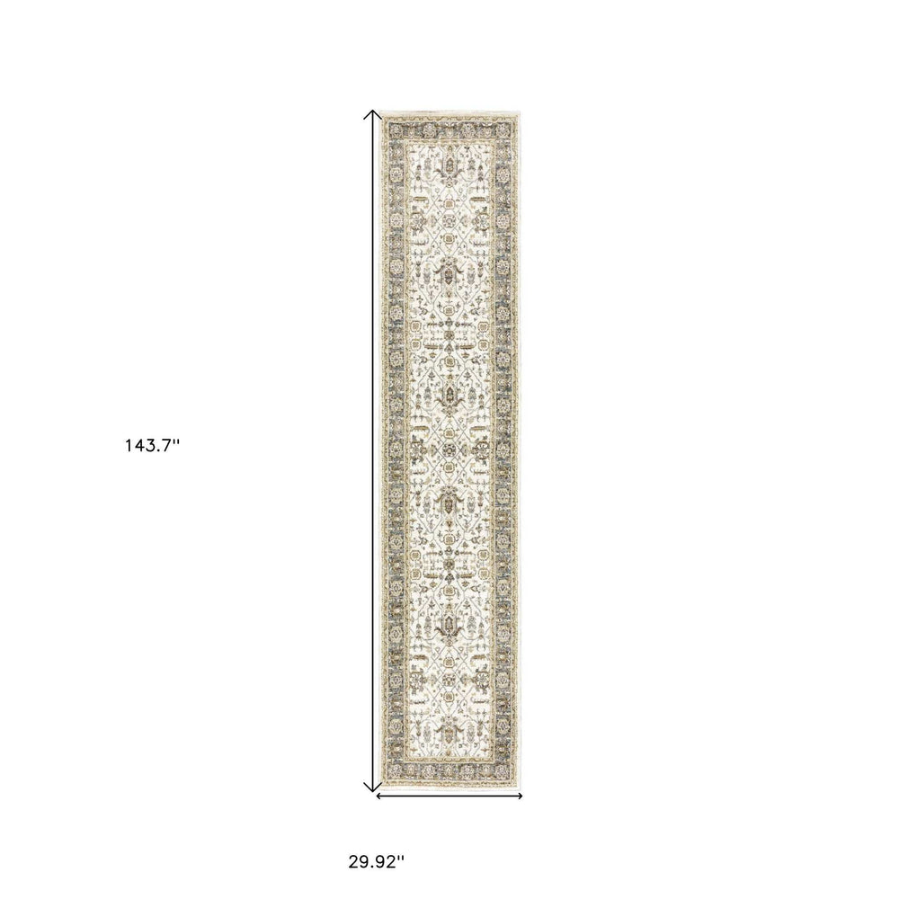 12' Runner Ivory Grey and Blue Oriental Power Loom Runner Rug - Homeroots - Flyclothing LLC