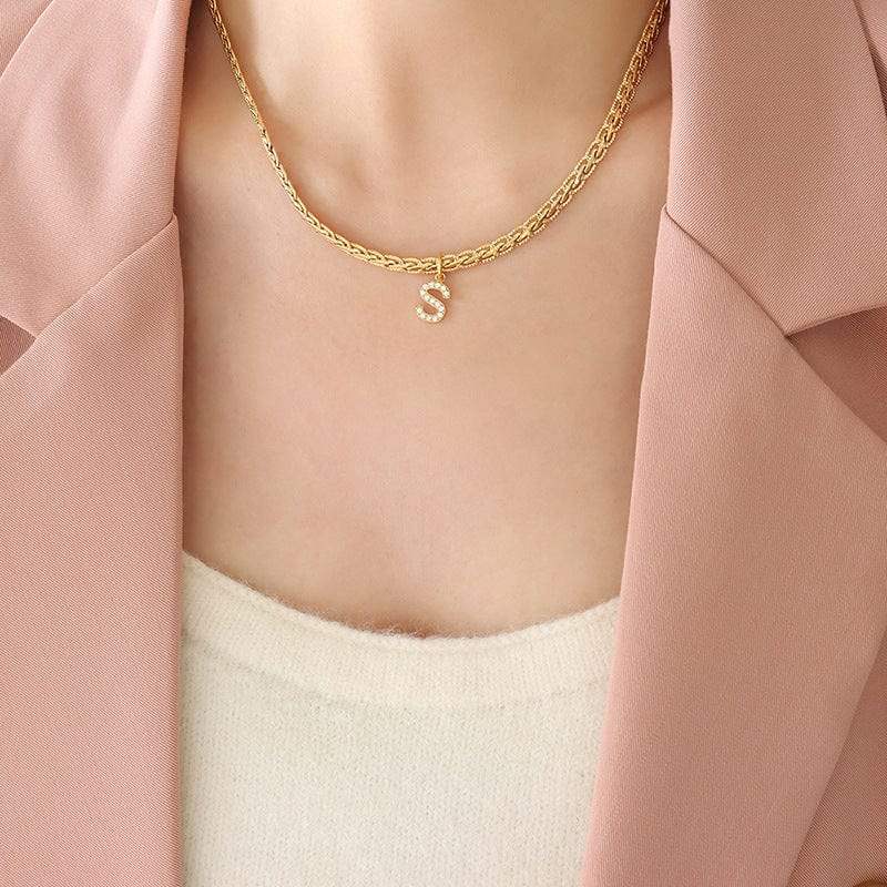 Brass Inlaid Zircon Letter Pendant Necklace - Trendsi - Flyclothing LLC