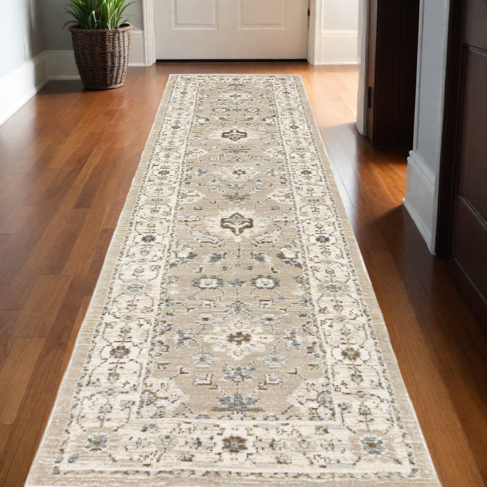 12' Runner Beige and Ivory Oriental Power Loom Runner Rug - Homeroots