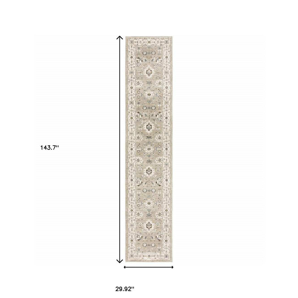 12' Runner Beige and Ivory Oriental Power Loom Runner Rug - Homeroots - Flyclothing LLC