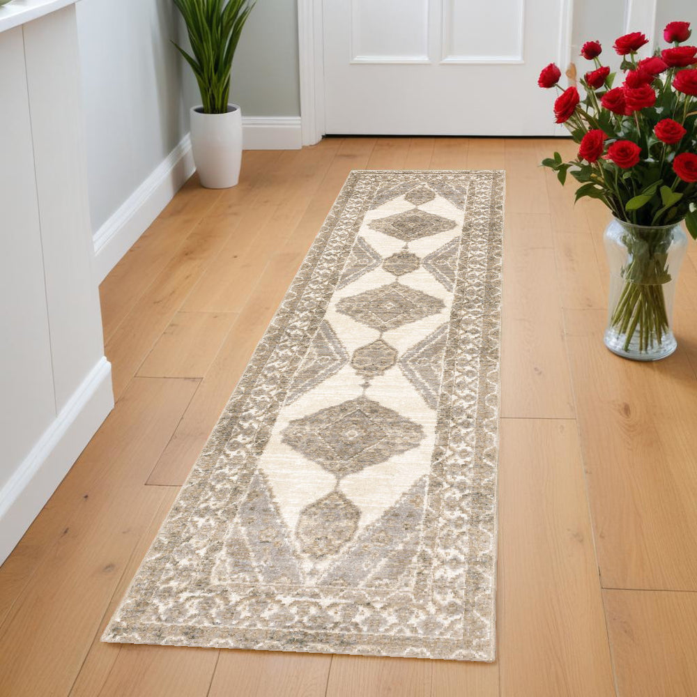 8' Runner Beige and Ivory Oriental Power Loom Runner Rug - Homeroots