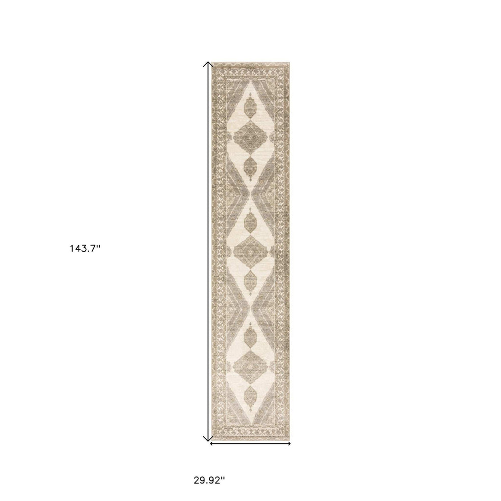 12' Runner Beige and Ivory Oriental Power Loom Runner Rug - Homeroots - Flyclothing LLC