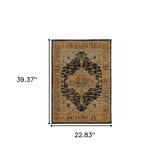 2' X 3' Black and Gold Oriental Power Loom Area Rug - Homeroots - Flyclothing LLC