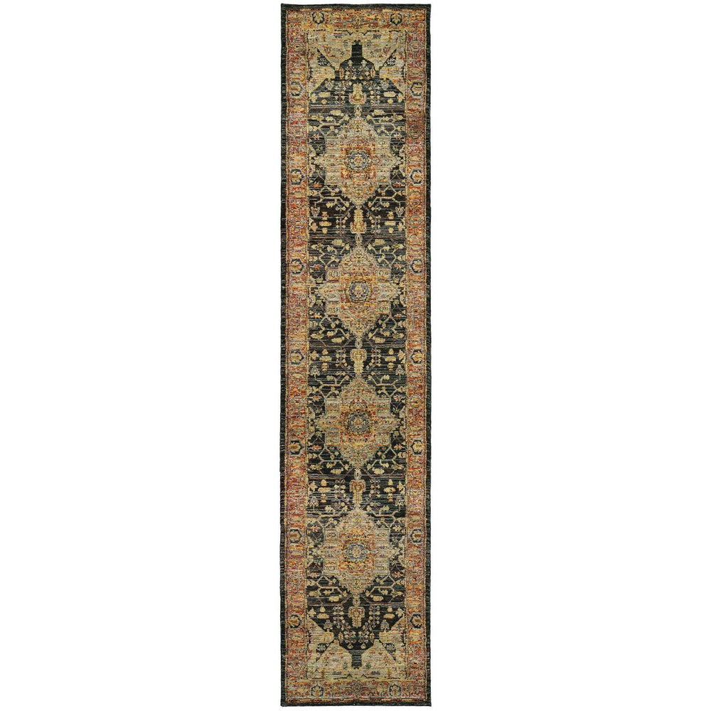 12' Runner Gold and Black Oriental Power Loom Runner Rug - Homeroots - Flyclothing LLC
