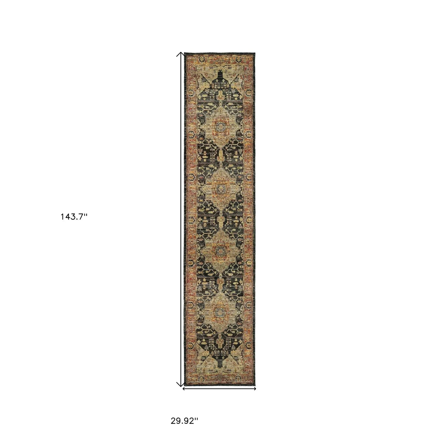 12' Runner Gold and Black Oriental Power Loom Runner Rug - Homeroots - Flyclothing LLC